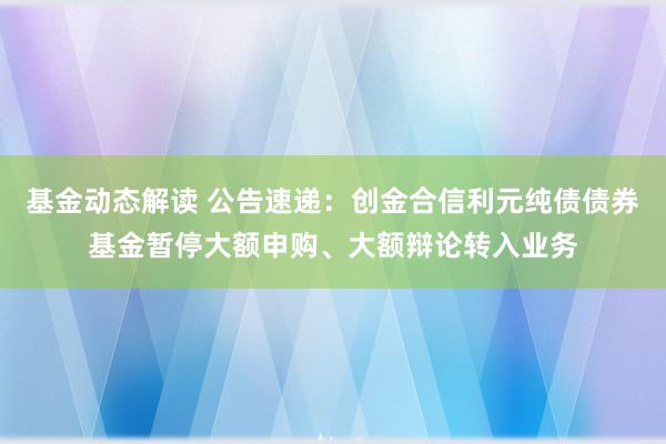 基金动态解读 公告速递：创金合信利元纯债债券基金暂停大额申购、大额辩论转入业务