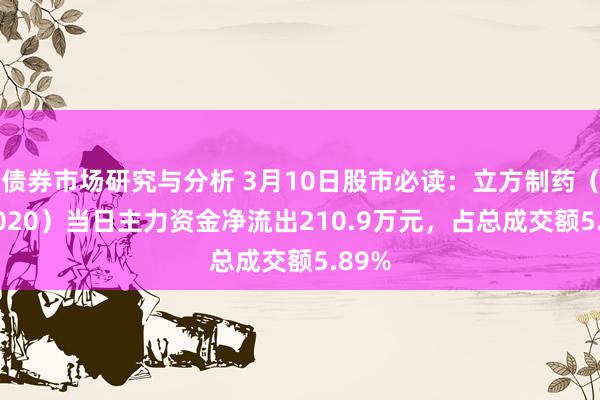 债券市场研究与分析 3月10日股市必读：立方制药（003020）当日主力资金净流出210.9万元，占总成交额5.89%