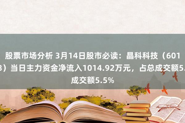 股票市场分析 3月14日股市必读：晶科科技（601778）当日主力资金净流入1014.92万元，占总成交额5.5%